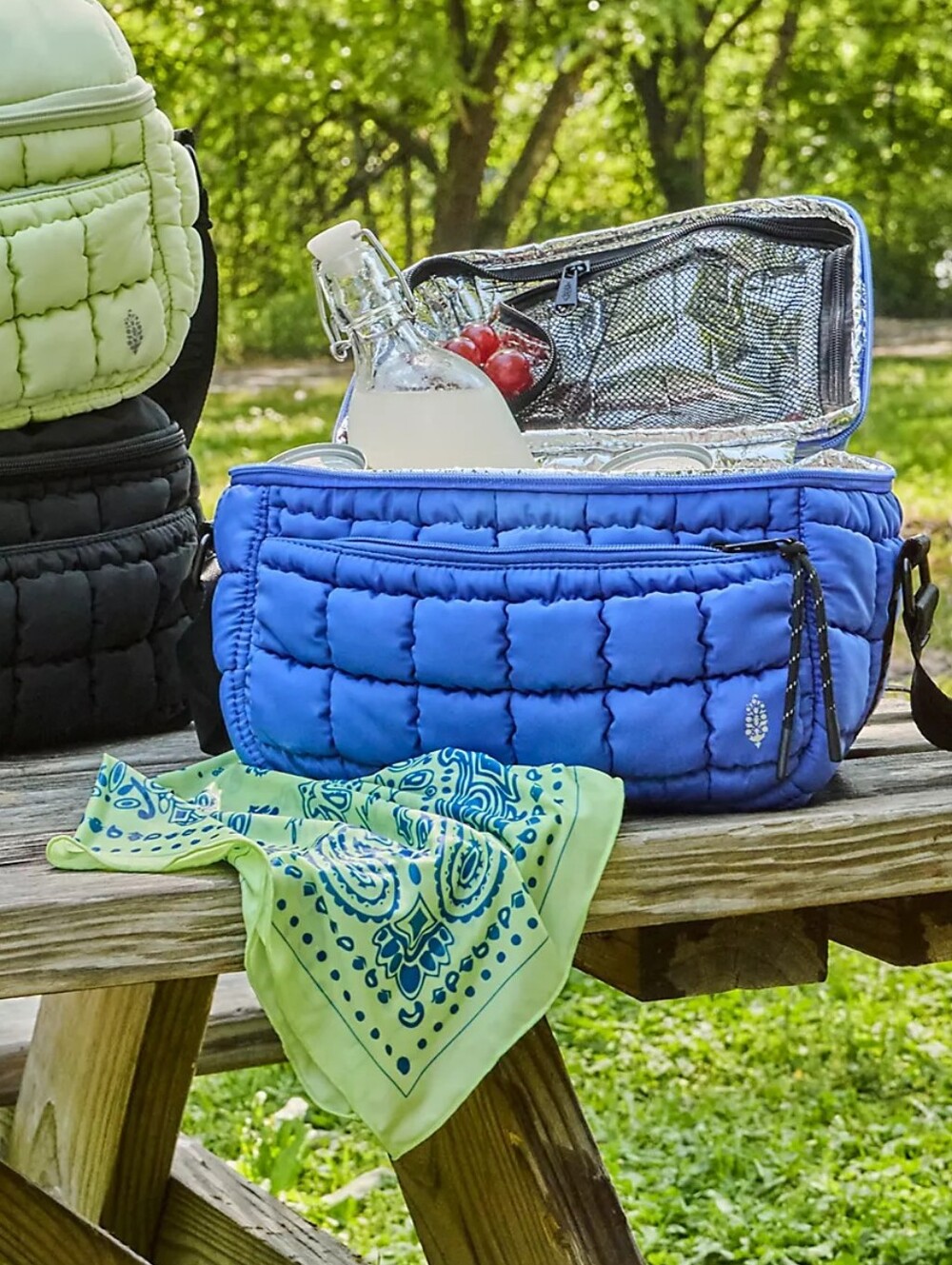 New Free People Quilted Insulated Cooler Bag Lunchbox • Denim Blue